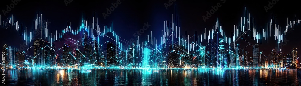 Fototapeta premium A vibrant city skyline with dynamic light patterns, reflecting on water, creating a futuristic and energetic atmosphere.
