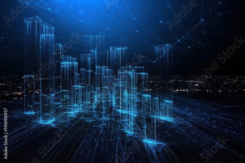 A futuristic city skyline illuminated by blue light, showcasing a digital landscape with abstract architectural structures.