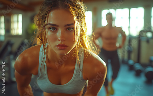 Strong woman in athletic wear doing lunges in a bright gym during sunset
