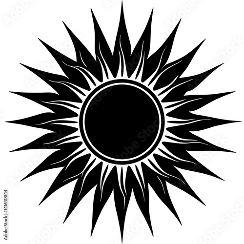Vector silhouette of a sun with a bold central circle and abstract rays extending outward 