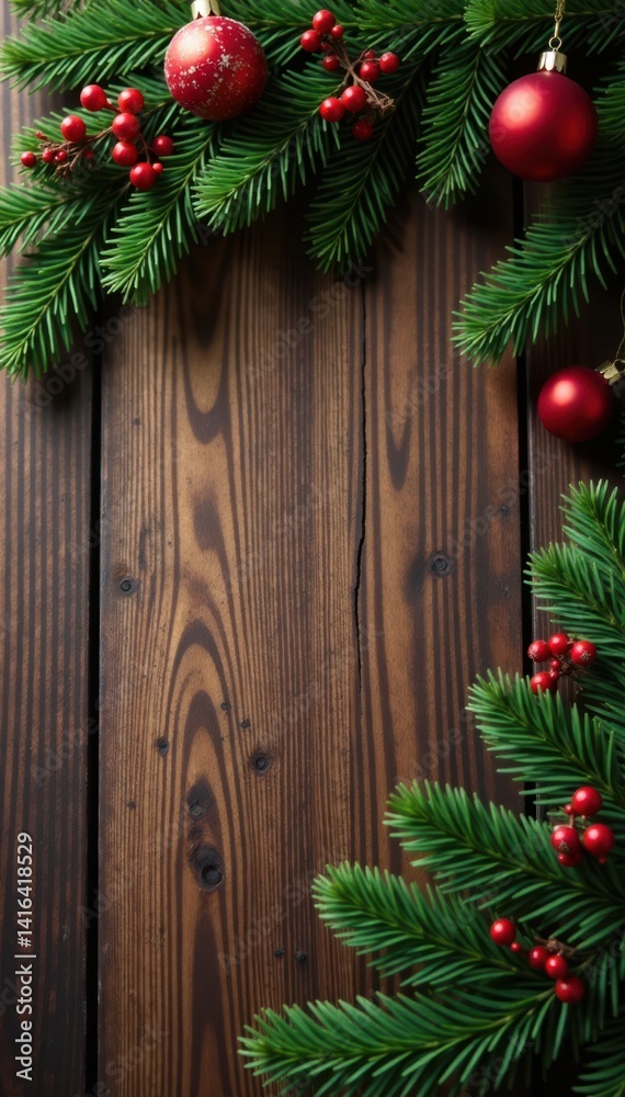 Decorated wooden table with Christmas tree branches and ornaments, , Seasonal style Decorated wooden table with Christmas tree branches and ornaments, , Seasonal style