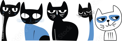 Set of abstract art cats black, white, blue