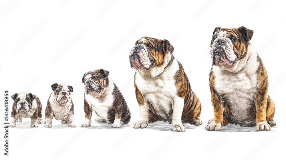 Fototapeta premium Five English Bulldogs of Different Ages and Sizes Sitting in a Row Against a White Background Illustrating Their Development from Puppyhood to Adulthood