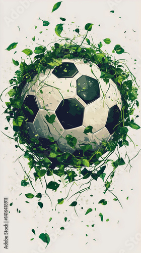 A soft and elegant concept of a football ball, creatively formed using delicate green nature leaves and gently winding vines. The design is illustrated in a pastel, minimalistic style, with light, mut