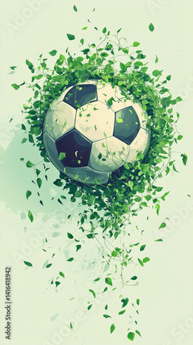 A soft and elegant concept of a football ball, creatively formed using delicate green nature leaves and gently winding vines. The design is illustrated in a pastel, minimalistic style, with light, mut