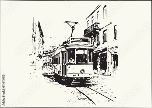 City sketch tram rides along a narrow street
