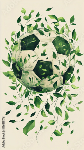 A soft and elegant concept of a football ball, creatively formed using delicate green nature leaves and gently winding vines. The design is illustrated in a pastel, minimalistic style, with light, mut