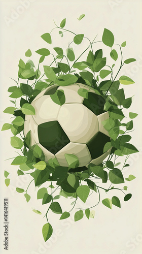 A soft and elegant concept of a football ball, creatively formed using delicate green nature leaves and gently winding vines. The design is illustrated in a pastel, minimalistic style, with light, mut
