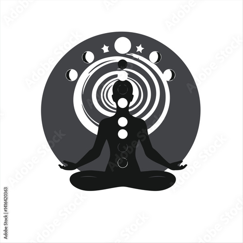 Flat vector silhouette of a person in lotus pose, chakra symbols vertically aligned, moon phases and stars above, cosmic swirl background.  Black and white, strong hard light, modern flat design