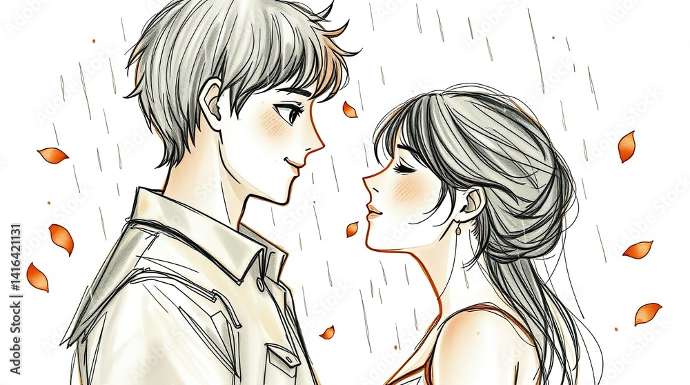 Two people stand close together in the rain locked in a loving gaze as autumn leaves fall around them creating a romantic and cozy atmosphere Two people stand close together in the rain locked in a loving gaze as autumn leaves fall around them creating a romantic and cozy atmosphere
