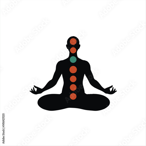 Modern flat design vector illustration. A person's flat silhouette in lotus pose, vertical chakra symbols, moon phases, stars, cosmic swirl. Warm terracotta and cool teal, volumetric lighting,