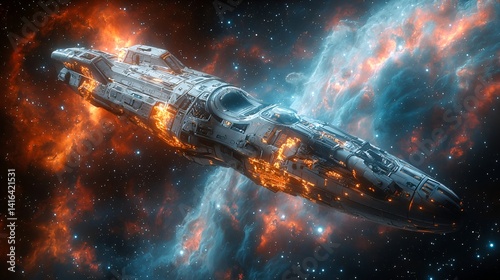 Damaged spaceship adrift in vibrant nebula.