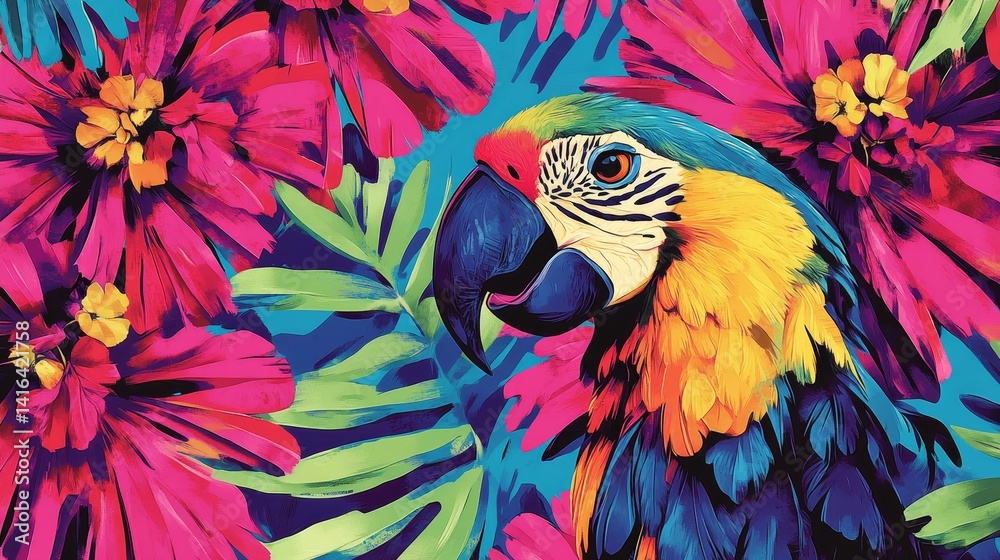 Obraz premium A vibrant explosion of tropical nature featuring a stunning macaw parrot amidst a lively tapestry of pink blossoms and lush verdant foliage art