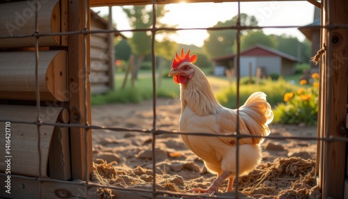 A chicken stands in a farmyard, framed by a wire gate during sunset.