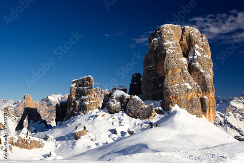 Cinque Torri mountain peaks at daytime in winter, Trentino Alto Adige, Dolomites, Italy