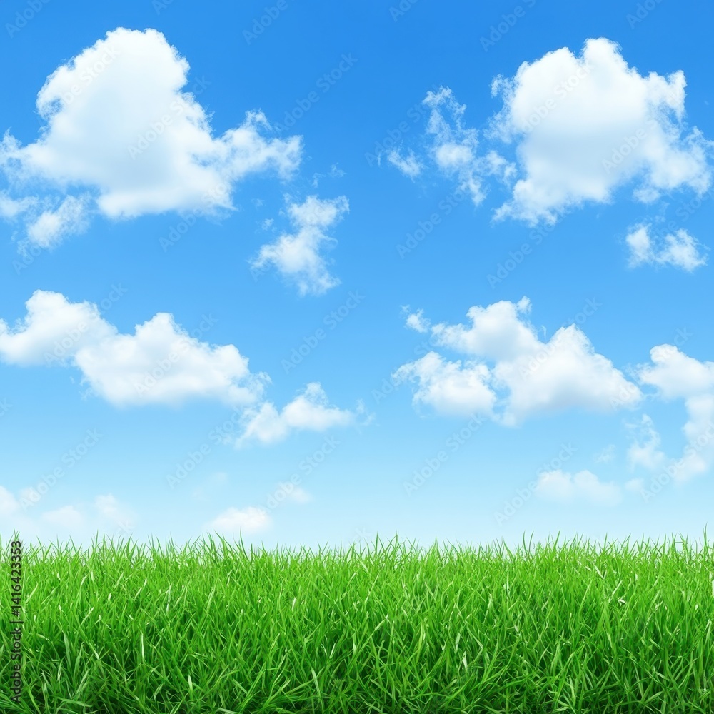Beautiful landscape presents lush green grass under a bright blue sky with fluffy clouds, offe ideal copy space for text and design in a standard format. Beautiful landscape presents lush green grass under a bright blue sky with fluffy clouds, offe ideal copy space for text and design in a standard format.
