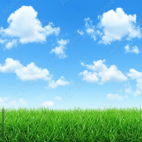 Beautiful landscape presents lush green grass under a bright blue sky with fluffy clouds, offe ideal copy space for text and design in a standard format.