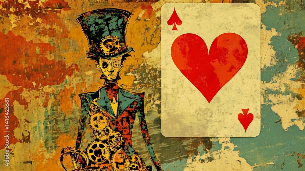 Obraz premium Steampunk Character and Playing Card on Textured Artistic Background