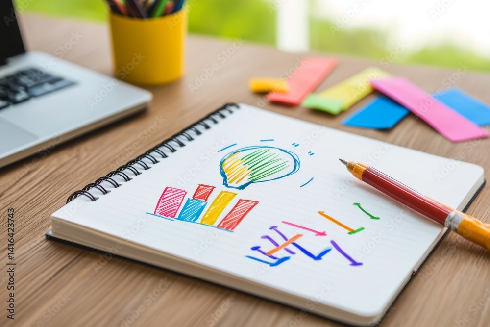 Growth mindset: An open notebook with sketches and colorful charts on a wooden desk, representing brainstorming and creativity Growth mindset: An open notebook with sketches and colorful charts on a wooden desk, representing brainstorming and creativity