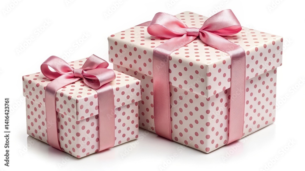 Fototapeta premium Two pink polka dot gift boxes with delicate satin ribbons, perfect for a special occasion