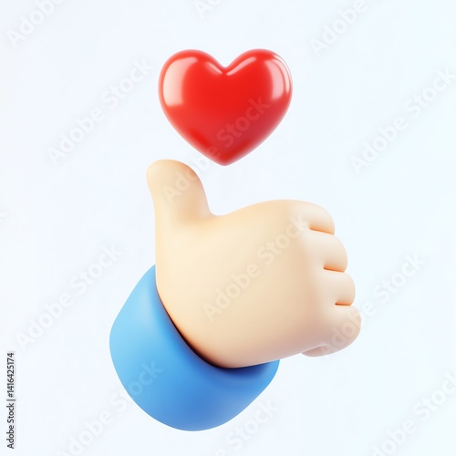 Cartoon Thumbs Up Gesture with a Red Heart, Positive and Affectionate 3D Render photo