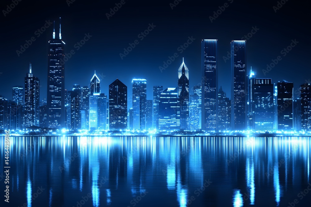 Fototapeta premium Nighttime Reflections A Blue Cityscape Shimmers on the Water's Dark Surface