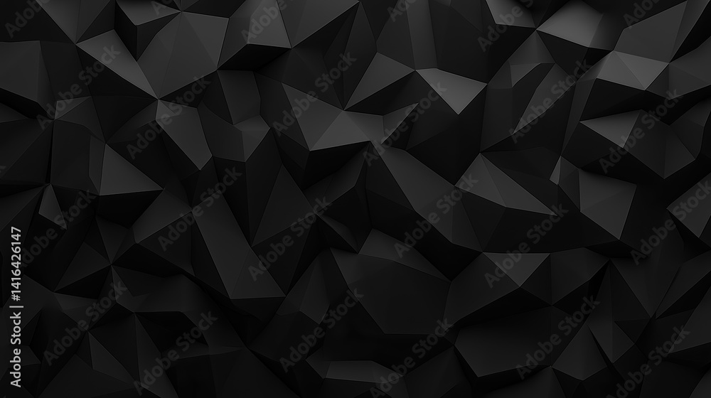 A dark, abstract background featuring intricate, angular shapes creating a three-dimensional, textured appearance of black rock formations.