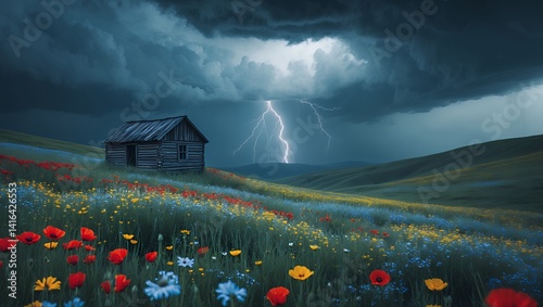 Fototapeta Naklejka Na Ścianę i Meble -  Cabin Lightning Field Flowers Storm Cloud