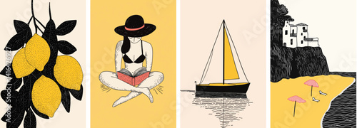 Summer holiday in Europe. Set of European summer holiday hand drawn style scenes