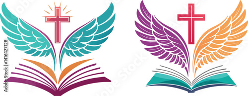 Colorful Christian logo with open Bible, angel wings, and cross, symbolizing faith, knowledge, spirituality, religious education, and divine inspiration.