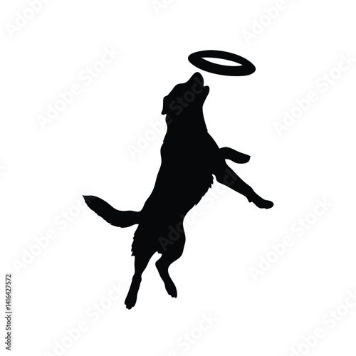 Dog catching frisbee silhouette on white