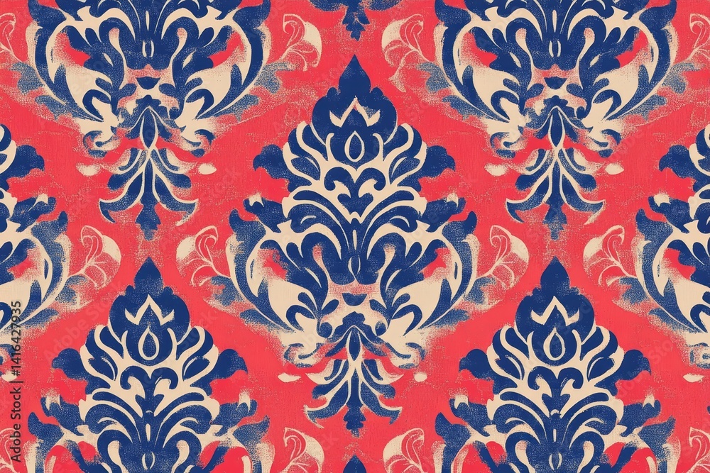 Fototapeta premium Blue Ikat Damask Pattern Repeat - Elegant damask pattern, vibrant coral red background, intricate blue and off-white design, repeating texture, textile design. Symbolizing: luxury, sophistication