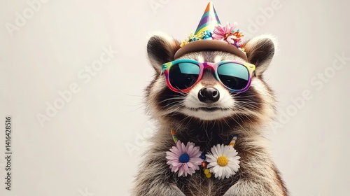 A raccoon wearing a party hat, colorful sunglasses, and a flower necklace, looking up, in front of a light background, balanced composition with ample copy space for text
