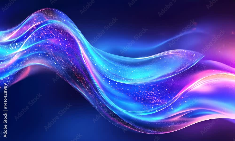 background image of glowing light waves in motion, creating a dynamic and shiny effect, with soft gradients of blue and purple