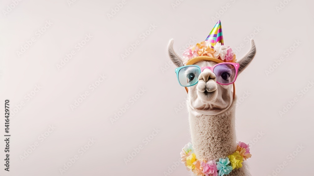 Fototapeta premium A llama wearing a party hat, colorful sunglasses, and a flower necklace, looking up, in front of a light background, balanced composition with ample copy space for text