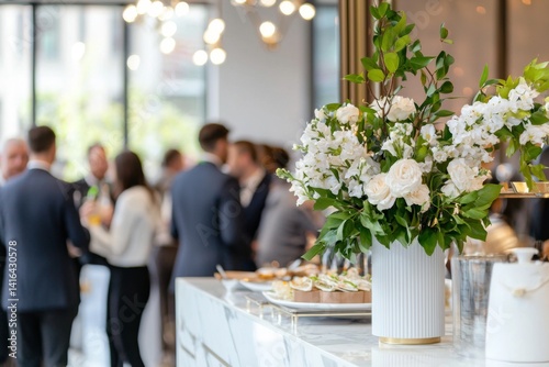 A visually appealing product launch event with elegant decorations and a crowd of attendees networking, neutral background