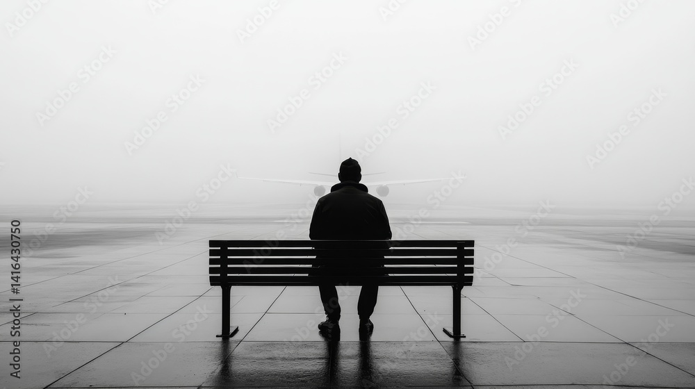 Obraz premium Foggy Airport Departure Bench - A solitary figure sits on a bench at a foggy airport, contemplating departure, loneliness, travel, waiting, and farewell