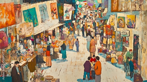 vibrant street market scene, capturing the colorful hustle and bustle of daily life. Stalls filled with fresh produce, handmade goods, and energetic vendors create a lively dynamic.