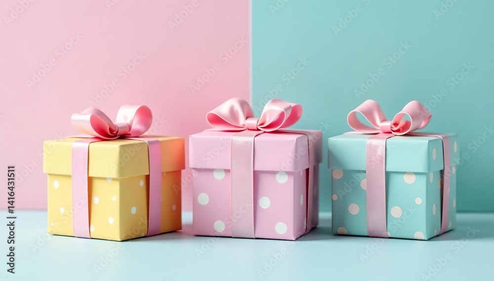 Obraz premium Pastel colored small gift boxes, polka dots & stripes, design, wrapping, tiny