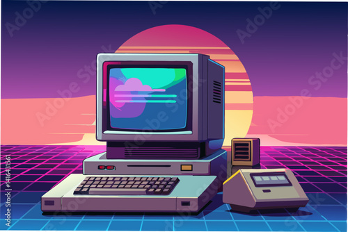A vintage 80s computer with a color screen displaying a pixelated game, surrounded by floppy disks and old keyboards, against a neon pink and blue gradient background with a subtle glow effect