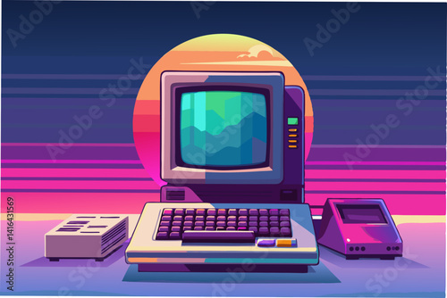 A vintage 80s computer with a color screen displaying a pixelated game, surrounded by floppy disks and old keyboards, against a neon pink and blue gradient background with a subtle glow effect