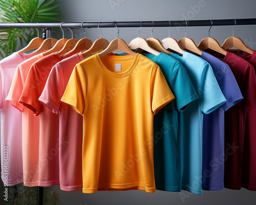 Hangers with vibrant custom-printed t-shirts that highlight the dye sublimation printing method.