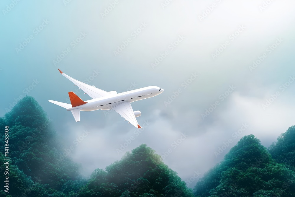 Fototapeta premium Jet Soaring Above Misty Mountains - A jet plane gracefully flies above a landscape of misty mountains, symbolizing adventure, freedom, travel, exploration, and escape