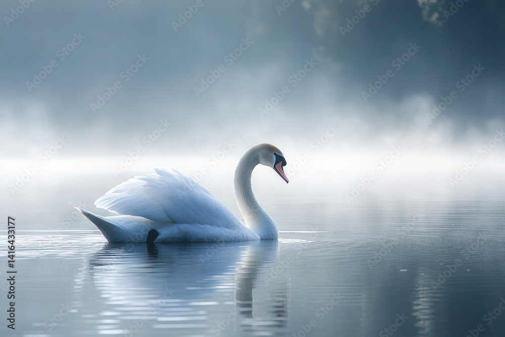 Obraz premium Swan gracefully swimming on a calm lake surrounded by nature
