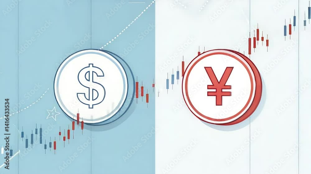 Dollar and yuan coins spinning over rising financial charts