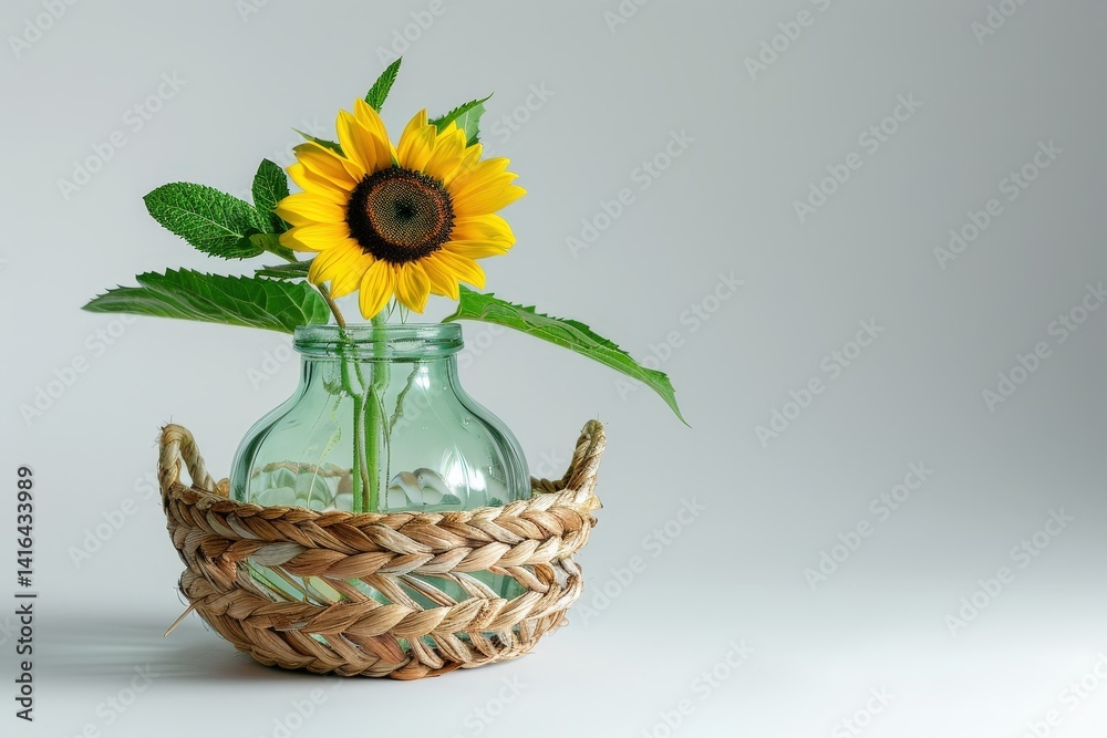 Naklejka premium A vibrant sunflower in a rustic woven basket.