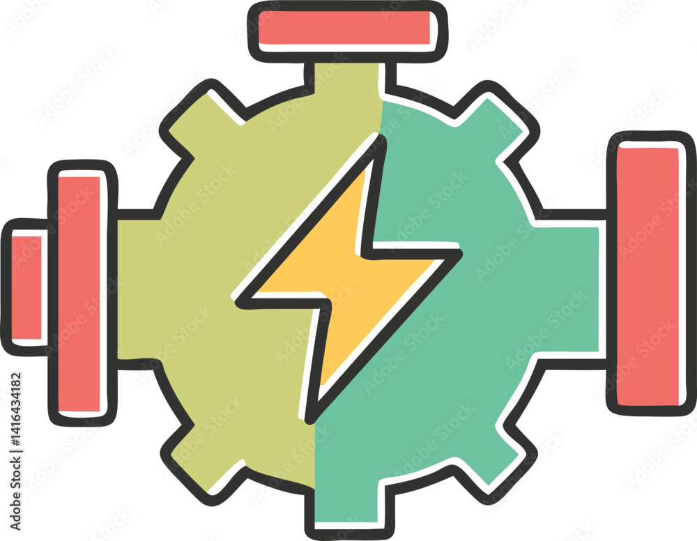 Abstract Engine Gear Icon with Lightning Bolt, Colored Sections, Transparent Background