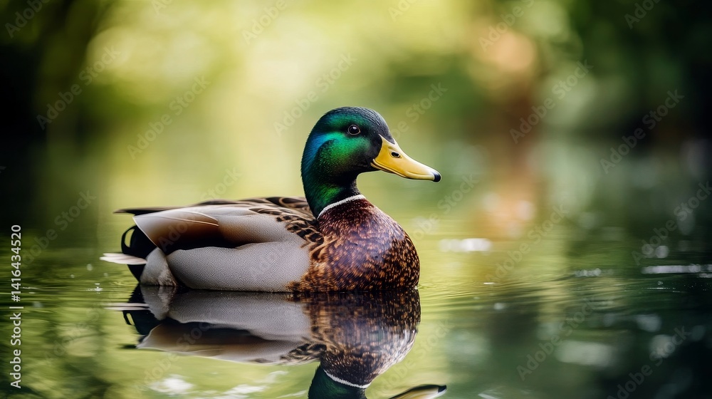 Fototapeta premium Mallard Duck on Calm Water - A male mallard duck floats serenely on a calm body of water, its reflection mirrored perfectly below. The background is soft and blurred, creating a peaceful scene