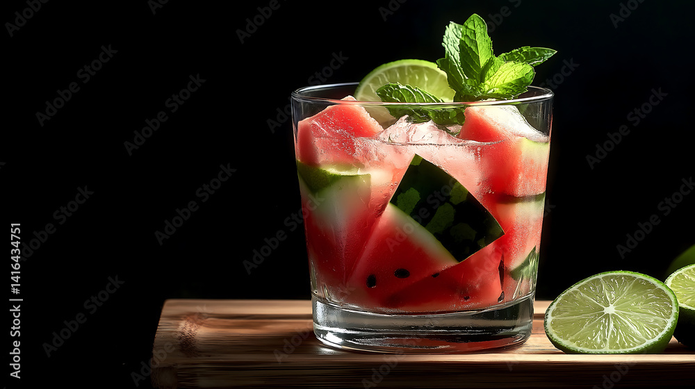 Watermelon mojito with ice cubes and watermelon slices on black background, copy space Watermelon mojito with ice cubes and watermelon slices on black background, copy space