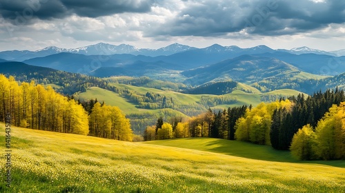 A high quality mountain landscape featuring trees and a stunning sky